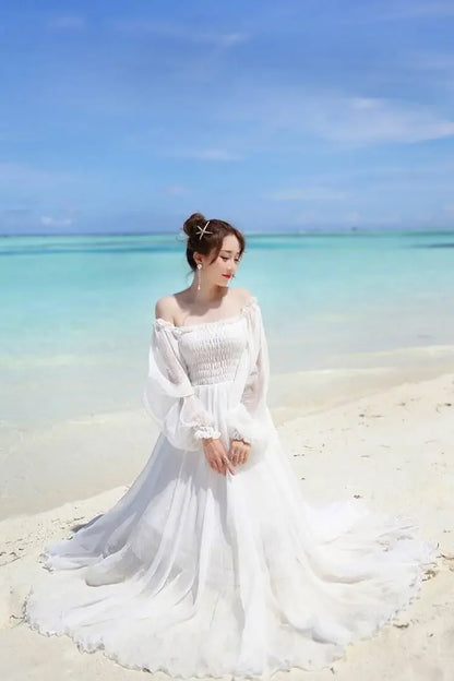 Dresses for Women Summer New Chiffon off-Shoulder Dress White Dress Vestido De Mujer