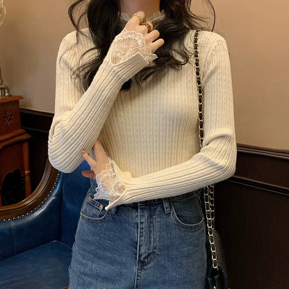 autumn Knitted Turtleneck Long Sleeve Slim Jumper Tops Women Sweater Pullover Lace splicing Ladies Casual Shirts Soft Clothing