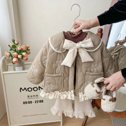 Winter Girls Coat Kids Baby Parkas Cotton Padded Plus Velvet Thickened Warm Children's Coat Solid Girls Embroidery Jacket