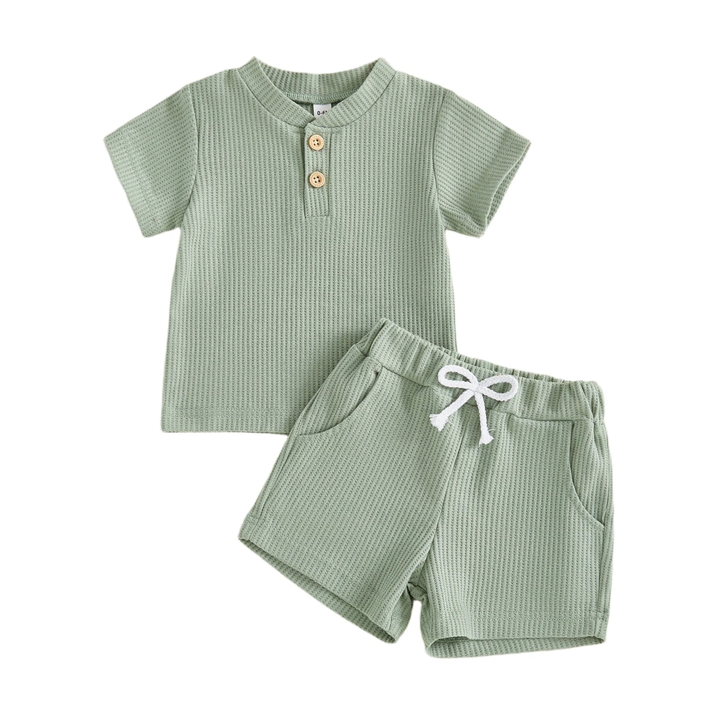 Toddler Baby Boys Summer Clothing Sets Solid Color Short Sleeve O-neck Button Waffle T-shirts Tops with Shorts 2ocs Outfits