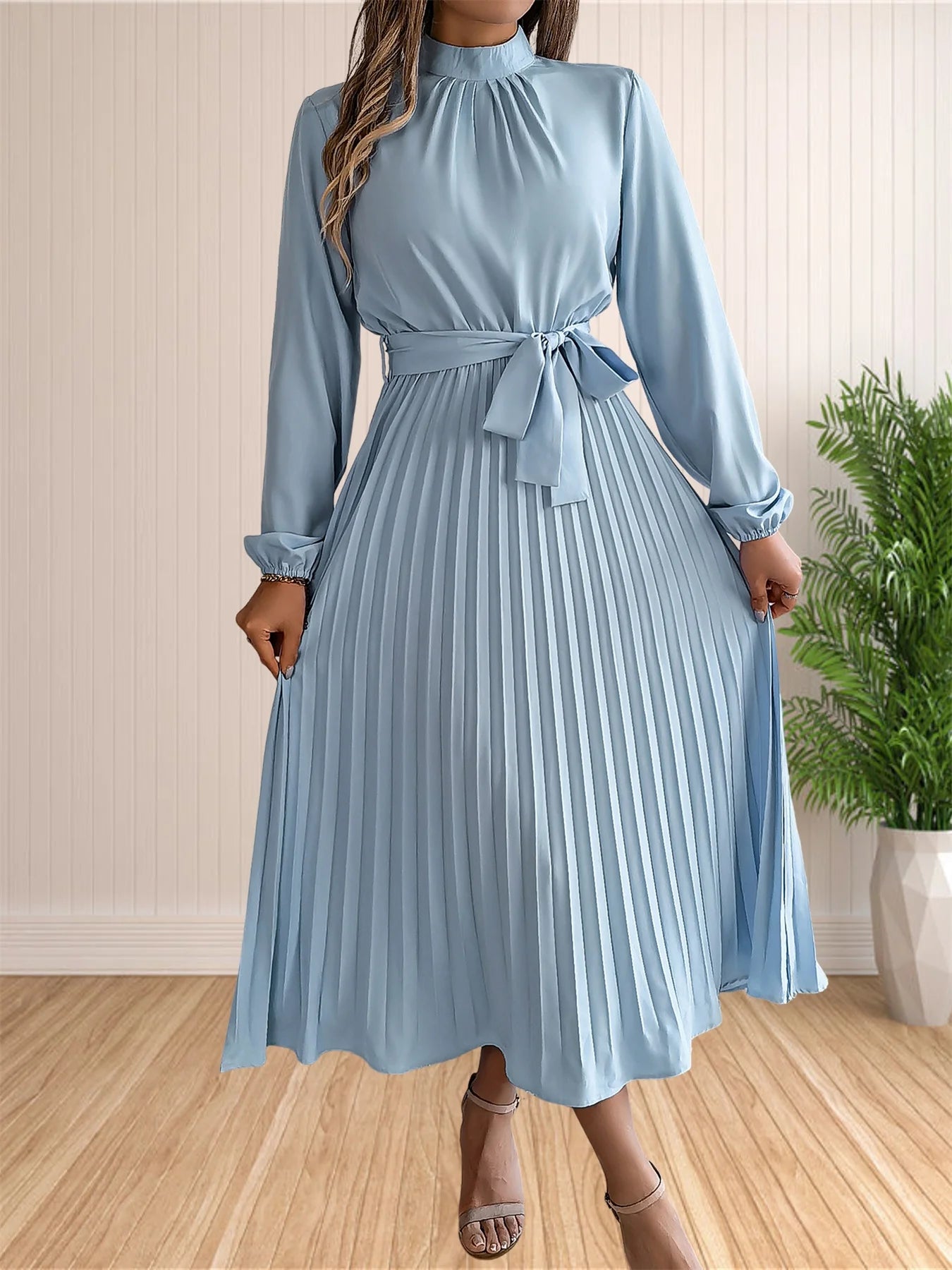 Women's Long Dresses Summer Elegant Pleated Long Sleeveed Lace Up Dresses Beach Boho Wrap Ruffle Hem Swing Sundress