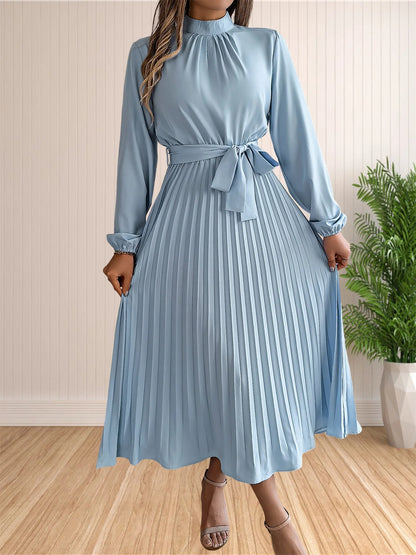 Women's Long Dresses Summer Elegant Pleated Long Sleeveed Lace Up Dresses Beach Boho Wrap Ruffle Hem Swing Sundress