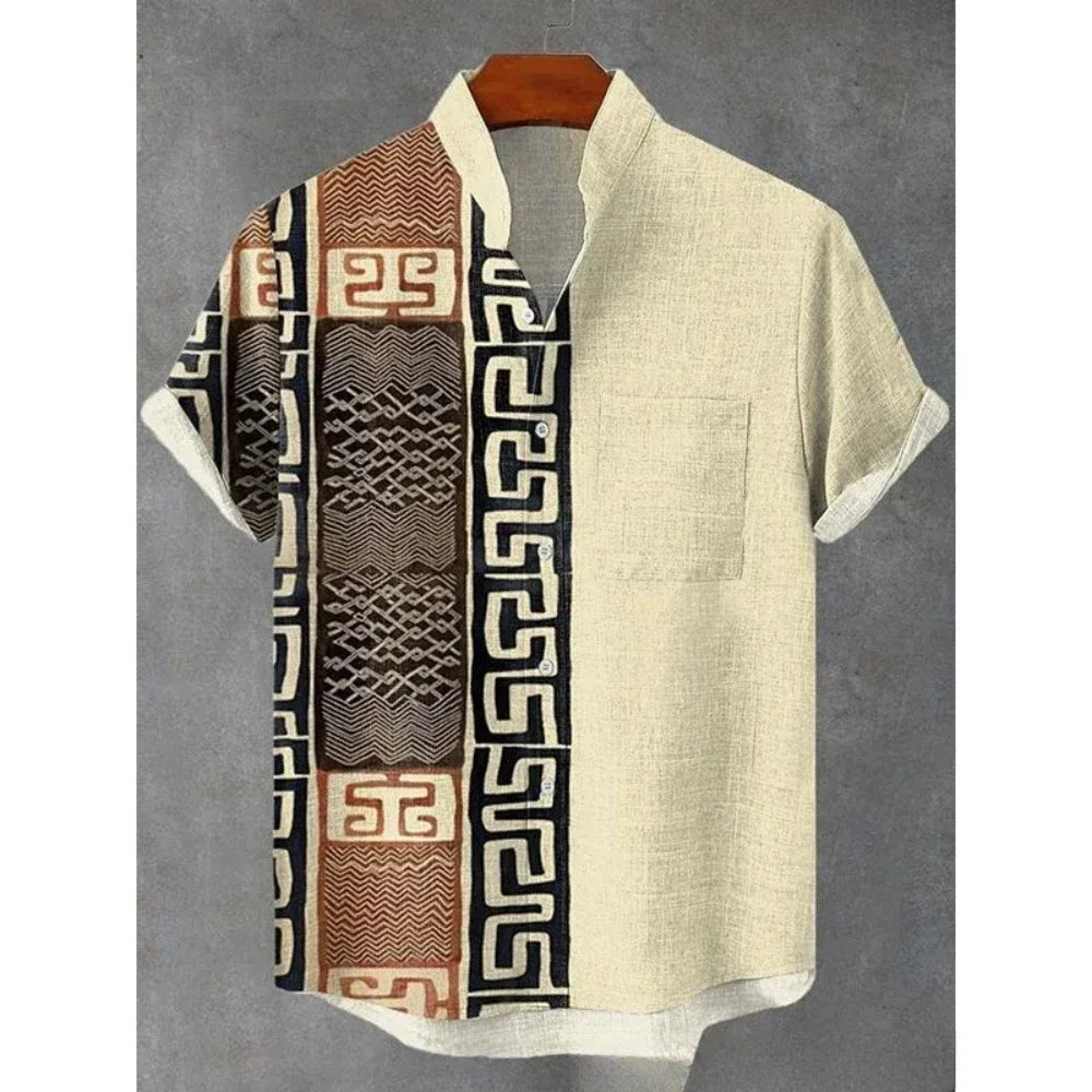 Men's summer shirt, fashionable stand up collar short sleeved cardigan, ethnic tribal printed pocket, linen breathable men's top