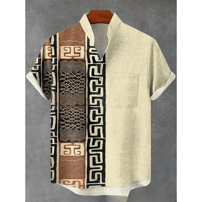 Men's summer shirt, fashionable stand up collar short sleeved cardigan, ethnic tribal printed pocket, linen breathable men's top