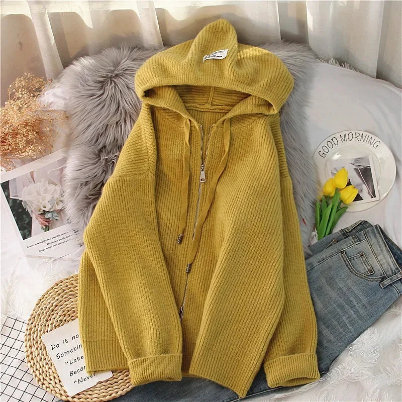 Women Cardigan Sweater Coat Hooded Fashion Solid color Sweater Female  zipper Knitted Spring Autumn Oversize Sweater Overcoat