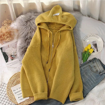 Women Cardigan Sweater Coat Hooded Fashion Solid color Sweater Female  zipper Knitted Spring Autumn Oversize Sweater Overcoat