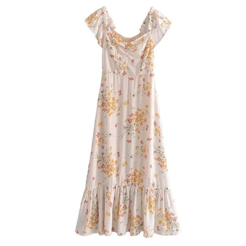 Summer Retro Elegant Elastic off Shoulder Long Dresses France Beige Floral Print Vintage Back Zipper Women Summer Dress