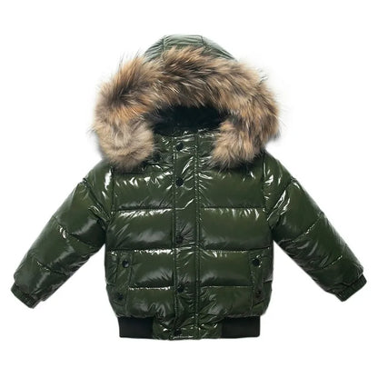 Winter Infant Boys Down Jacket Faux Fur Long Sleeve Thicken Warm Baby Boys Parkas Zipper Shinny Waterproof Toddler Boy Outerwear