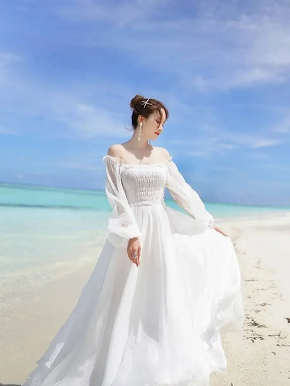 Dresses for Women Summer New Chiffon off-Shoulder Dress White Dress Vestido De Mujer