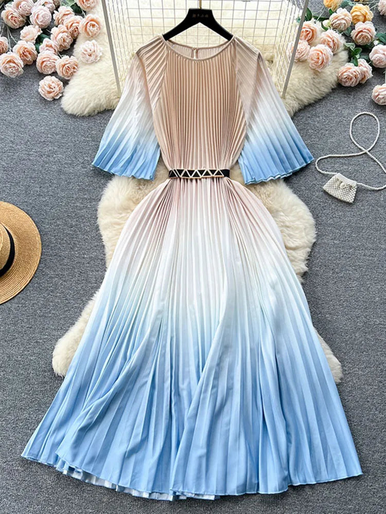 Women's Summer Dress Light Mature Style Retro Style Ruffled 5/4 Sleeves Round Neck Waist Shrinking Print A-line Dress D3971