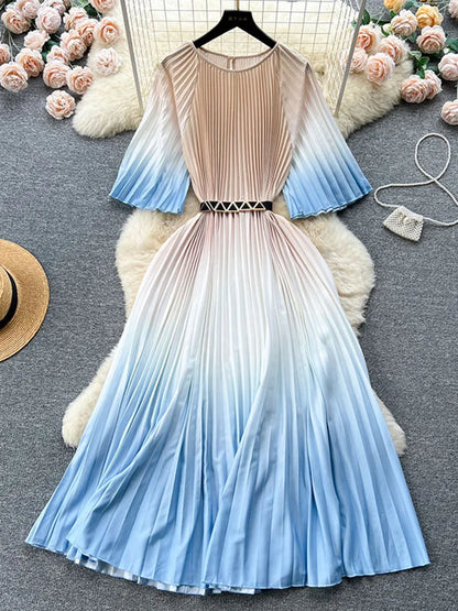 Women's Summer Dress Light Mature Style Retro Style Ruffled 5/4 Sleeves Round Neck Waist Shrinking Print A-line Dress D3971