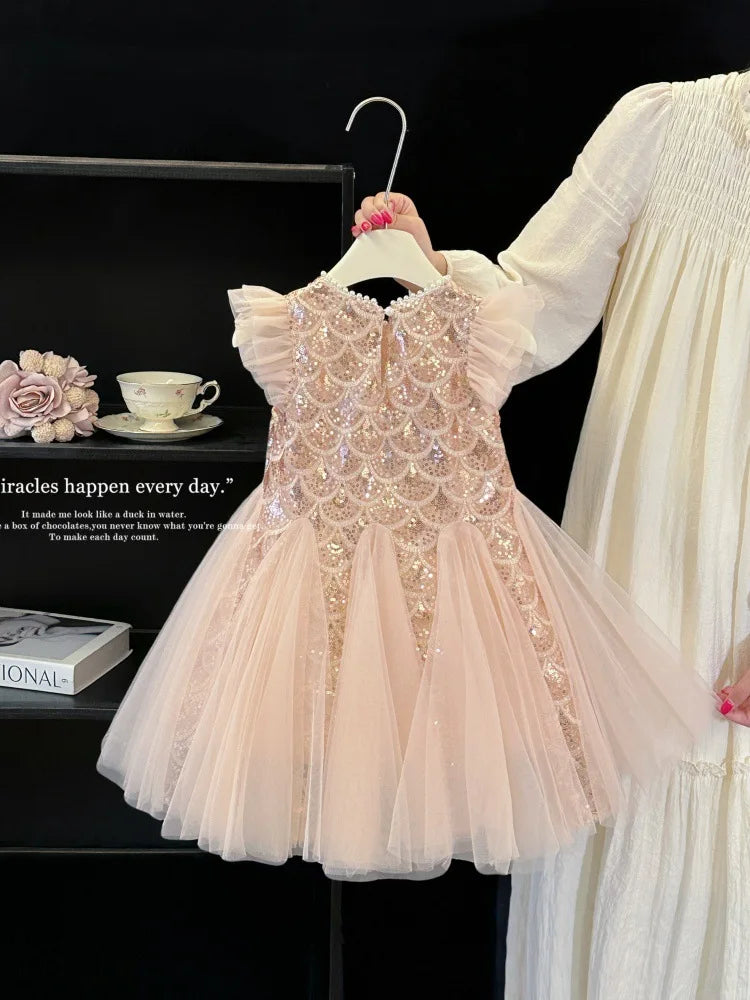 Girls Dress 2025 Summer New Children Elegant Princess Dress Baby Fashion Mesh Flying Sleeve Tank Top Dress