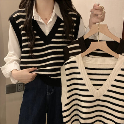 Women Autumn Winter Preppy Style Sweater Vest New Fashion Pullover Elastic Knit Ladies Jumper Casual Stripped Female Basic Tops