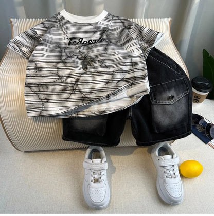 Boys Summer 2025 Boutique Design Outfits Baby Boys Short Sleeve Striped T-Shirt Jeans Shorts 2pcs Korean Clothes for Children