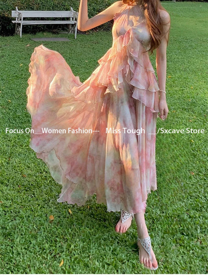 Summer Vacation Dress Woman French Elegant Irregular Floral Suspender Dress Beach Stylem Korean Fashion Midi Dress Chic