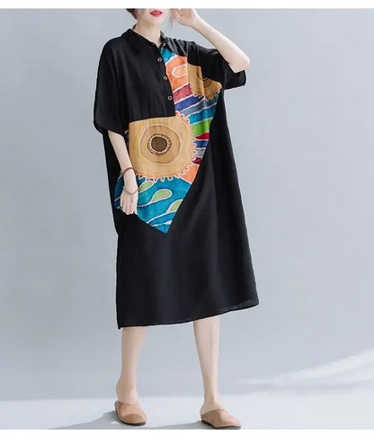 Women Summer Clothing 2025 New Style Literary Splicing Loose Printed Button Splicing Shirt Dress