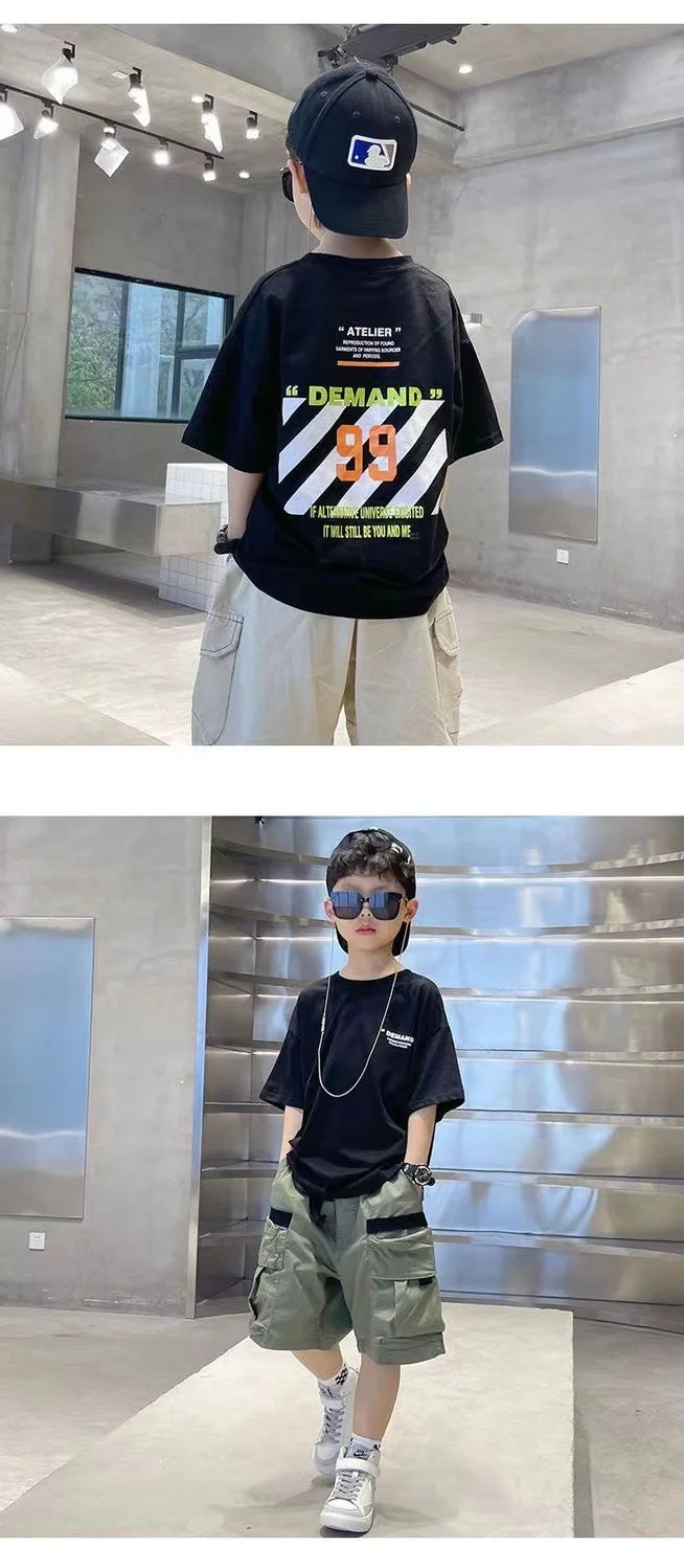Boys Summer Set 2024 New Western Style Summer Children's Korean Loose Short Sleeved Workwear Two Piece Set Trendy