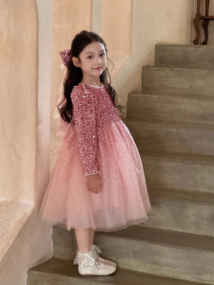 Winter Baby Girls Sequin Work Fleece Lined 4-Layer Mesh Zip Back Dresses with Head Veil Kids Outfit Children Sweet Skirt 2-8 Yr