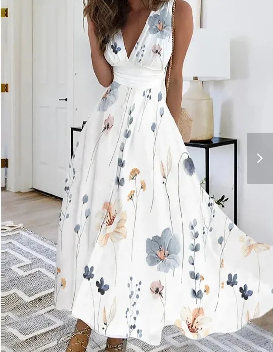 2025 Women's Summer Casual Dress Elegant Party Sleeveless Long Dress Robe Sexy Bohemian Print Dresses Vestidos Swing Sundress