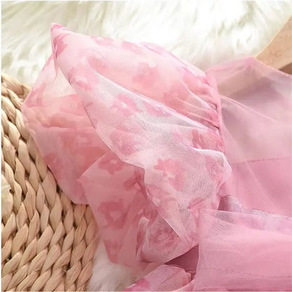 Summer Dress For Girls Children's Clothing Pink Floral Puff Sleeve Dress Baby Chiffon Princess Dress For Daily Holiday Dresses