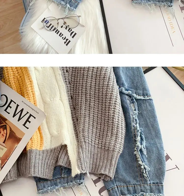Loose Lazy Knitting Jacket, Pullover, Denim Sleeves, Splicing, Fashionable, Comfortable, Leisure, Autumn and Winter