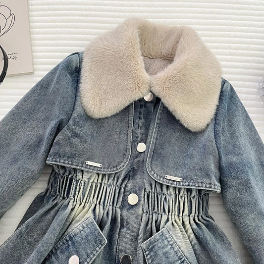Winter Kids Girls Denim Dress Korean Turn Down Collar Baby Girl Woolen Dress Jacket Strench Waist Children Single Breasted Dress