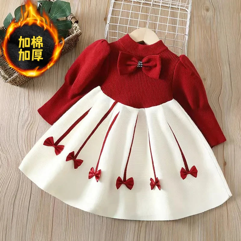 Girls' Sweater Skirt Sweaters Long Dress2025Autumn and Winter New Bow Sweet Princess Dress