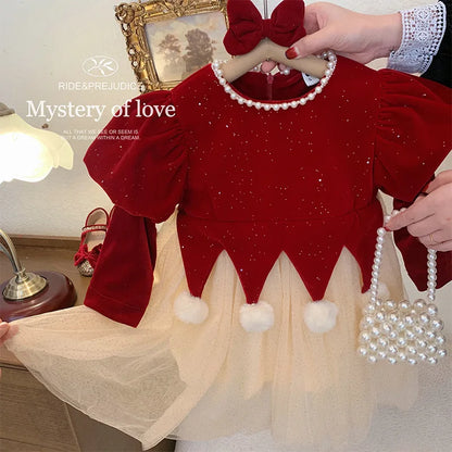 Winter Bow Sequin Dress for Girls' 2025 New Fashion Baby Red Christmas Dresses Velvet Patchwork Mesh A-line Princess Dress