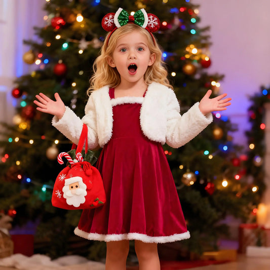 Girls Winter Dresses For Kids White Fleece Coat and Plush Red Velvet Dress 2026 New Year Girls Fashion Christmas Costumes