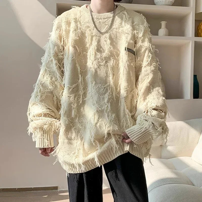 Winter Men's Ripped Fringe Raw Edge Sweater Hip Hop Fashion Knitwear Pullovers Y2K Vintage Streetwear Knitted Jersey Clothes