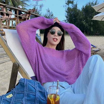 Summer simple hollow out lightweight and slightly transparent long sleeved knitted sweater Spring new women's pullover