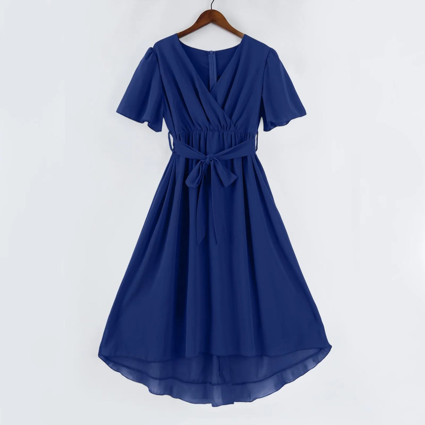 Women Summer Thin Dress Daily Casual Fashion Wrinkles V-Neck Waist Cinching A-Line Zipper Dress Lightweight Comfy Vacation Dress