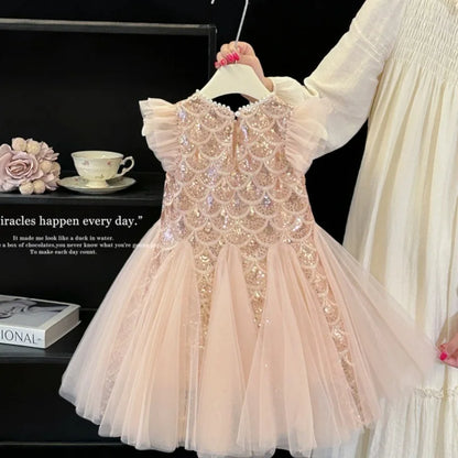 Girls Dress 2025 Summer New Children Elegant Princess Dress Baby Fashion Mesh Flying Sleeve Tank Top Dress