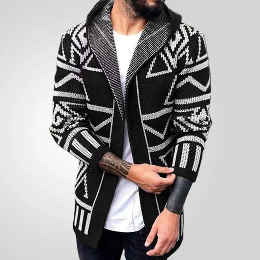 Men Cardigan Open Stitch Sweaters Mid Length Coat Hooded Full Sleeve Splice Knit Casual Regular Coats Autumn Winter 2024