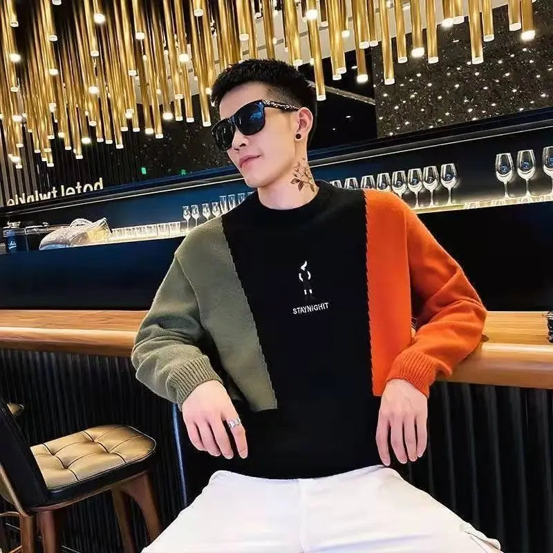 Sweater Men's 2024 Autumn Winter New Spliced Pullovers O-Neck Printed Letter Fashion Minimalist Casual Long Sleeve Knitted Tops