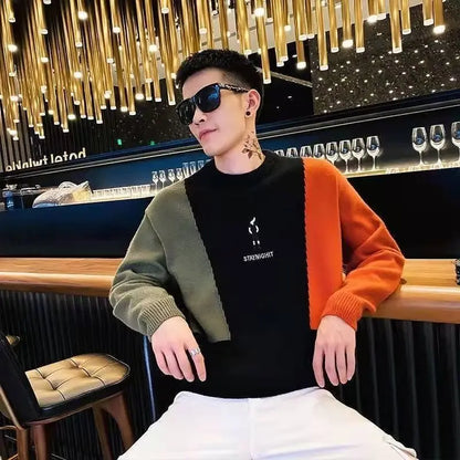 Sweater Men's 2024 Autumn Winter New Spliced Pullovers O-Neck Printed Letter Fashion Minimalist Casual Long Sleeve Knitted Tops
