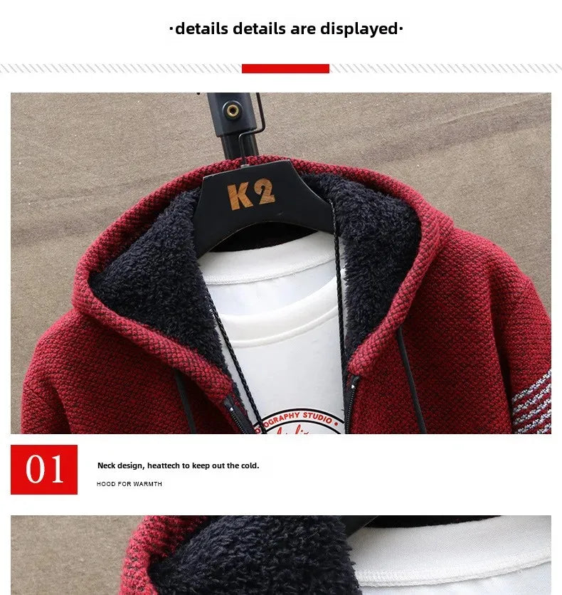 Men's Autumn/winter Hooded Knit Jacket Fleece-lined Thickened Casual Loose-fit Knitted Cardigan Outer Wear Sweater