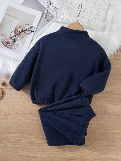 Girls Winter Casual Outfit Solid Color Fleece Thickened Hoodie Pants Clothes Set Half-Zip Children Sweater Sets