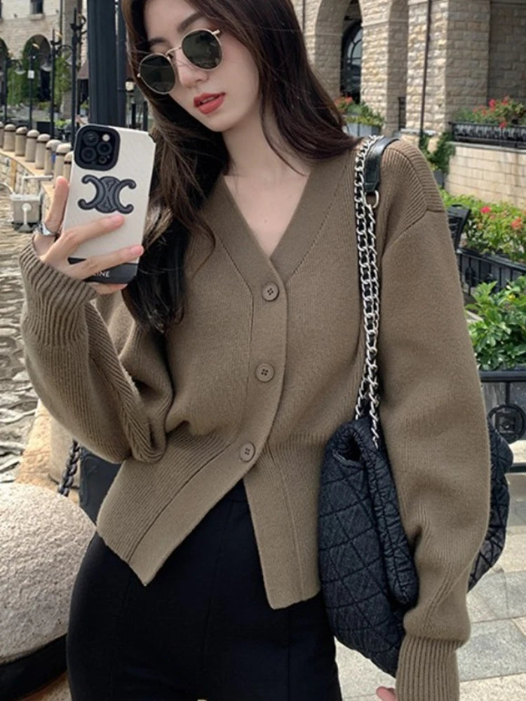 Zjaiss 2025 Autumn Winter Elegance Solid Color V-neck Sweater Knitted Casual Cardigan Unique And Niche Slim Fit Tops