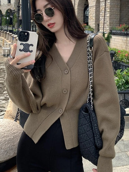 Zjaiss 2025 Autumn Winter Elegance Solid Color V-neck Sweater Knitted Casual Cardigan Unique And Niche Slim Fit Tops