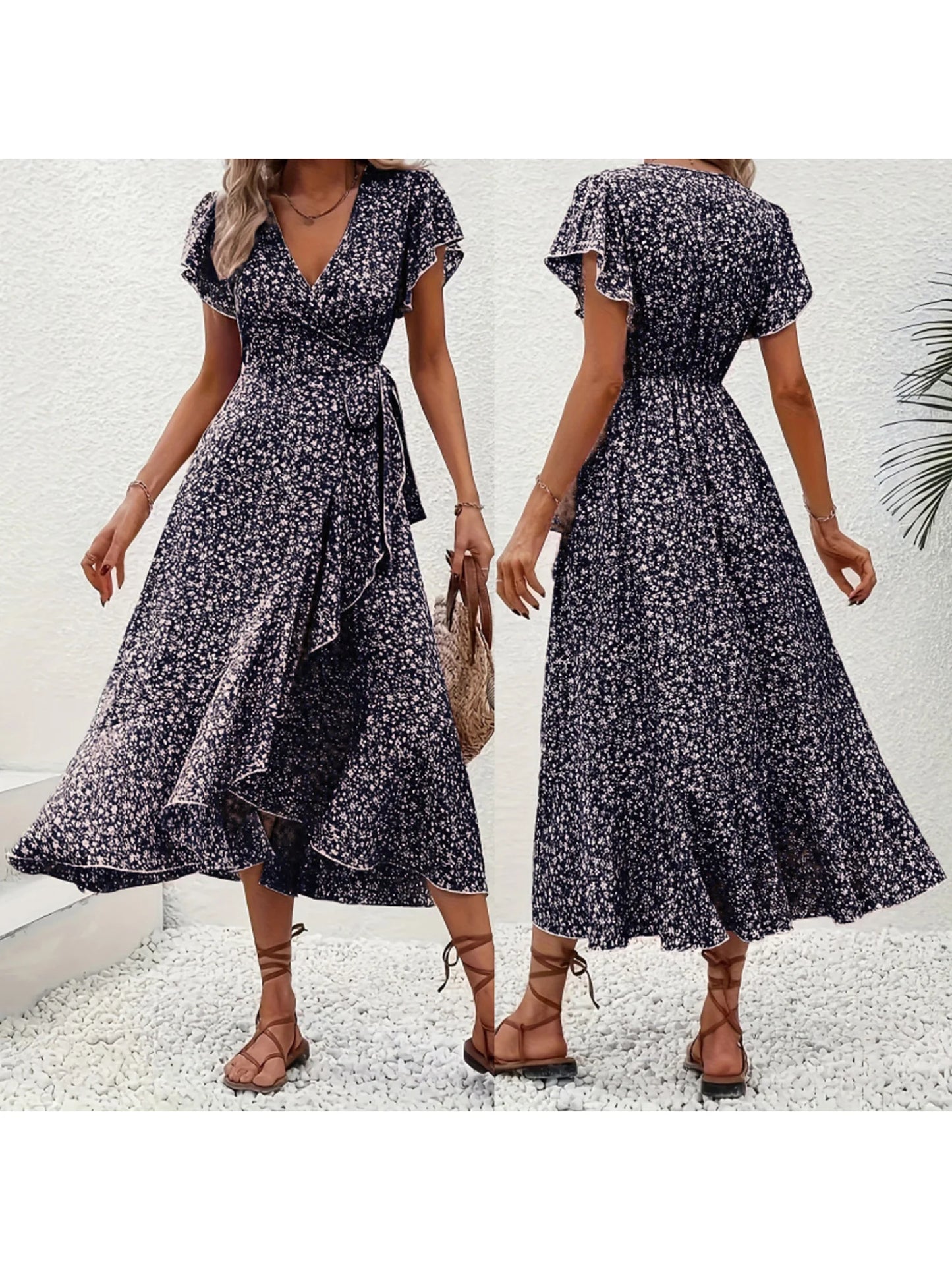 Women's Summer Flower Print Ruffle Dress Fashion 2025 Elegant Short Sleeve Wrap V Neck Tie Side Dresses