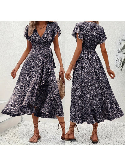 Women's Summer Flower Print Ruffle Dress Fashion 2025 Elegant Short Sleeve Wrap V Neck Tie Side Dresses