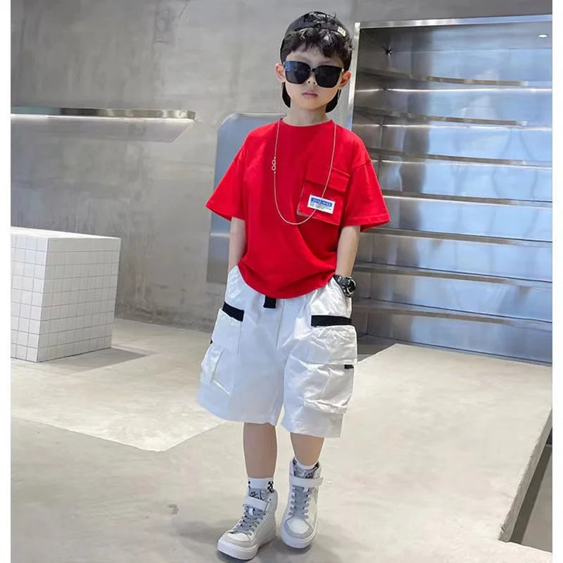 Boys Summer Set 2024 New Western Style Summer Children's Korean Loose Short Sleeved Workwear Two Piece Set Trendy
