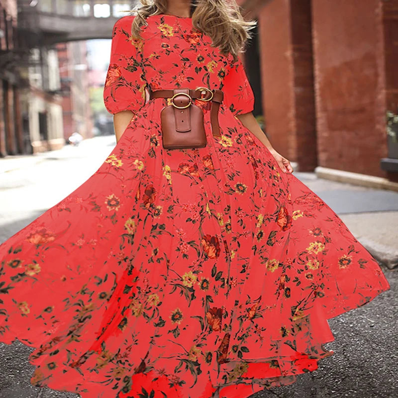 Summer Bohemian Floral Long Dress For Women Casual Holiday Beach Zipper Round Collar Pocket Slim-fitting Swing Robe Vestidos