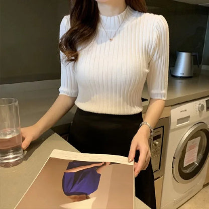 Fall Korean Style Women's Sweaters Solid Color Slim Fit Half Sleeve Knitted Pullover Jumpers Basic WomanTshirt T-shirt Tee Shirt