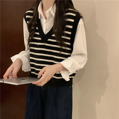 Women Autumn Winter Preppy Style Sweater Vest New Fashion Pullover Elastic Knit Ladies Jumper Casual Stripped Female Basic Tops