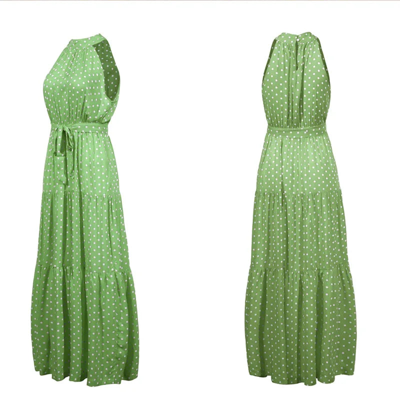 Summer Floral Print Halter Neck Dresses For Women Sleeveless Leace-up Long Dress Casual Beach Holiday Vestidos Female Clothing