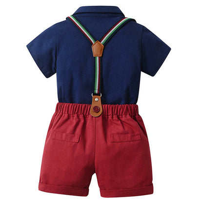 Baby Boys Summer Short Sleeve Lapel Bow Tie Romper with Suspender Shorts Beret Christening Birthday Wedding Party Gentlemen Suit