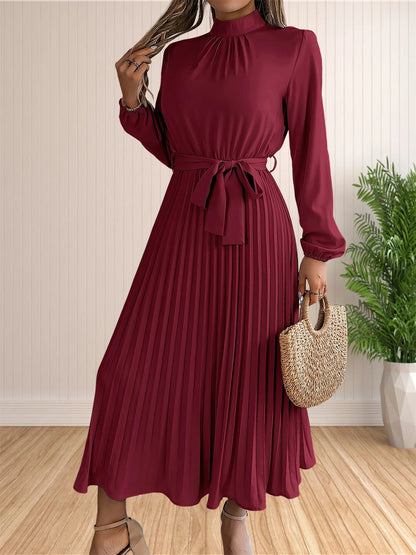 Women's Long Dresses Summer Elegant Pleated Long Sleeveed Lace Up Dresses Beach Boho Wrap Ruffle Hem Swing Sundress