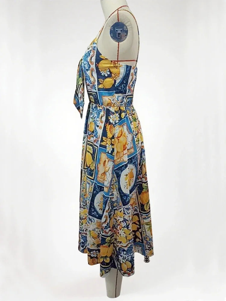 Summer Dress Woman 2025 Sexy Strap Lemon Print Bohemian Vacation Elegant Long Sundress